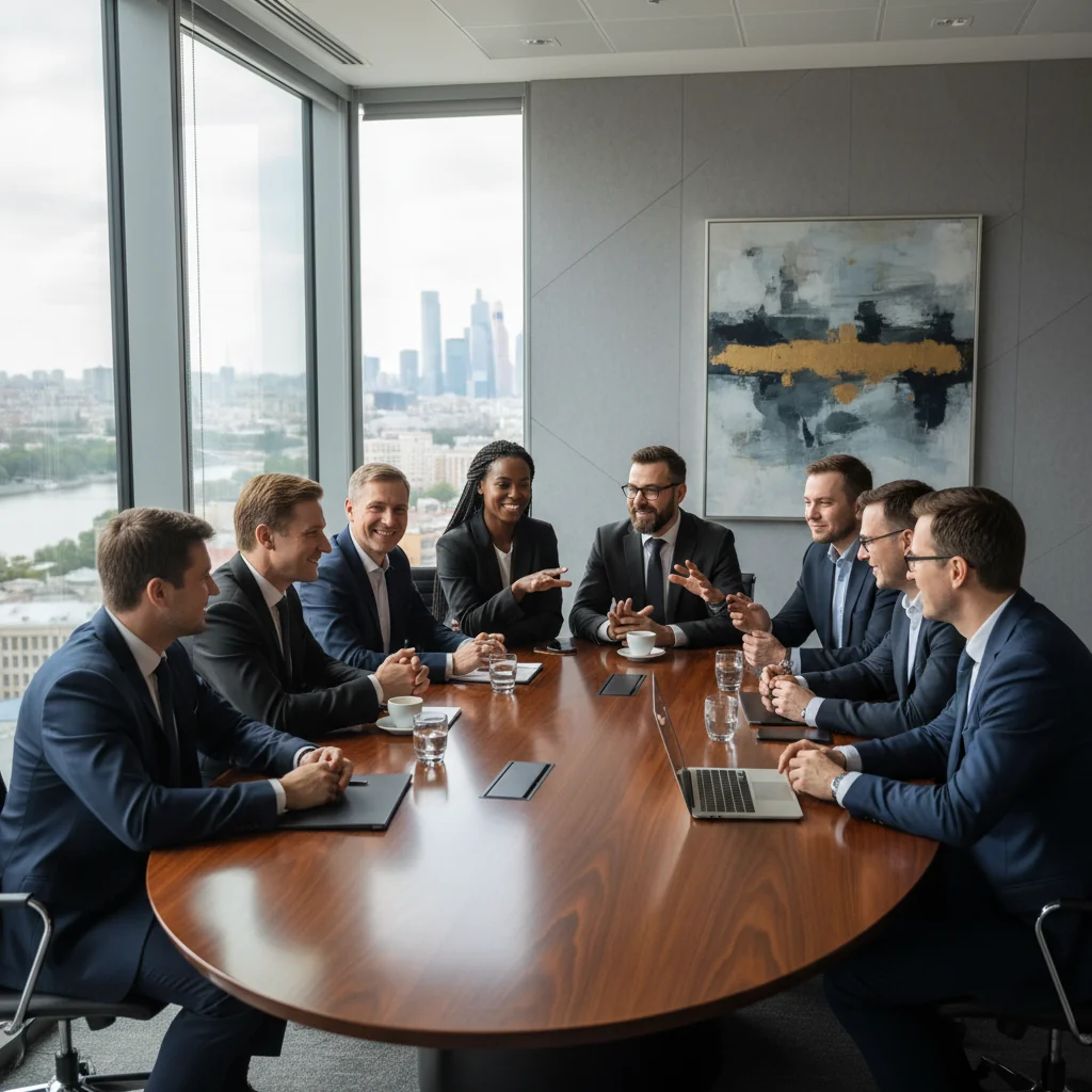 A photorealistic image of a diverse group of professional adults in a modern Russian corporate office, engaged in a collaborative meeting, symbolizing the implementation of DEI strategies with inclusive representation of different ethnicities, genders, and ages among adults only.