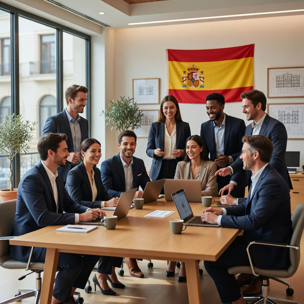A photorealistic image of a diverse group of adult professionals from various ethnic backgrounds collaborating happily in a modern Spanish office environment, symbolizing inclusion and diversity in the workplace.