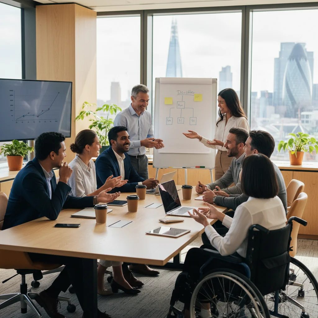 A photorealistic image of a diverse group of adult professionals from various ethnic backgrounds collaborating in a modern UK workplace office, symbolizing diversity and inclusion strategies. The scene shows people of different ages, genders, and abilities working together harmoniously around a conference table, with natural lighting and realistic details, no children present.