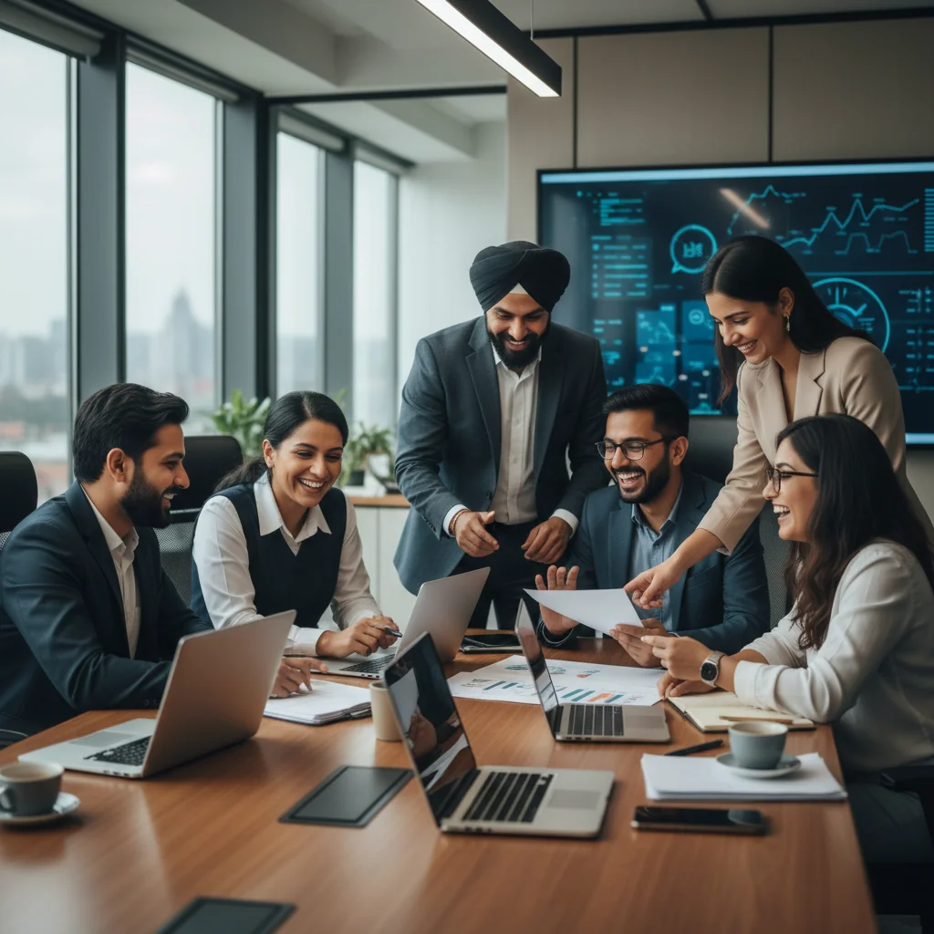 A photorealistic image depicting diversity and equality in an Indian workplace, showing a group of adult professionals from various ethnic backgrounds and genders collaborating happily in a modern office setting, symbolizing equal opportunities.