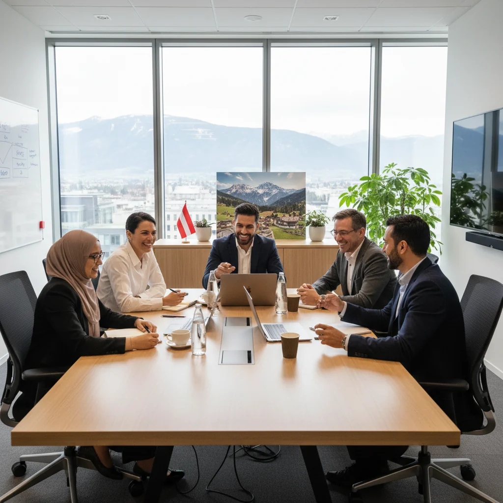 A photorealistic image depicting a diverse group of adult professionals in an Austrian workplace, engaging in inclusive team collaboration, with elements like the Austrian flag or Vienna skyline in the background to represent equality and inclusion measures.