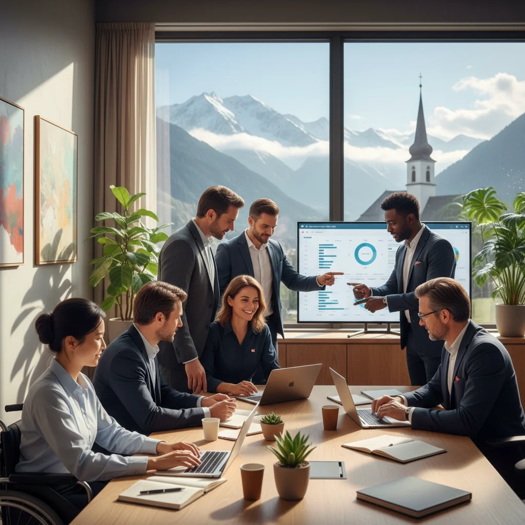 A photorealistic image depicting inclusive workplace practices in the Austrian economy, showing a diverse group of adult professionals from various backgrounds collaborating in a modern office setting in Austria, symbolizing legal foundations of inclusion policies.