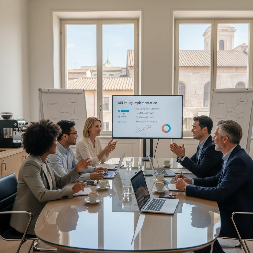 A photorealistic image of a diverse group of professional adults in a modern Italian office setting, engaged in a collaborative meeting discussing diversity, equity, and inclusion policies. They represent various ethnicities and genders, symbolizing an effective DEI implementation in Italian companies, with elements like an Italian flag or subtle Italian architecture in the background. No children are present.