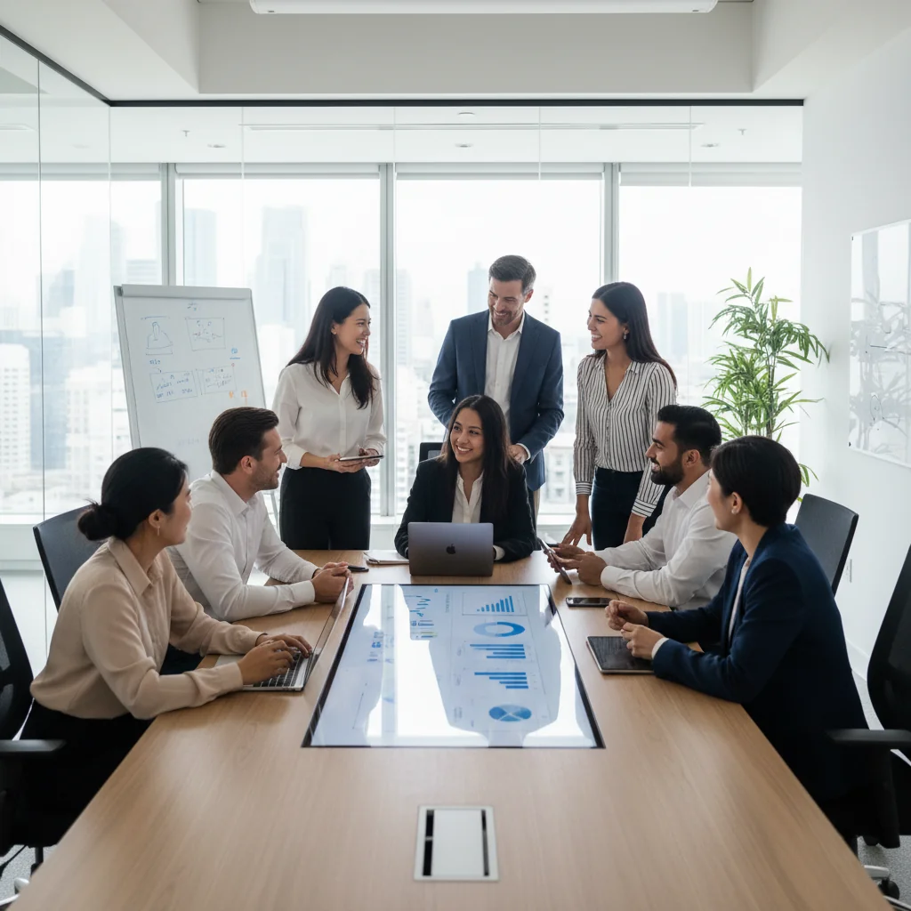 A photorealistic image depicting equal opportunity in the workplace, showing a diverse group of adult professionals from various ethnic backgrounds and genders collaborating in a modern office environment, symbolizing inclusivity and fairness.
