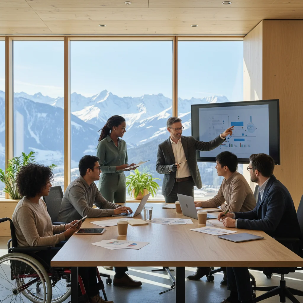 A photorealistic image depicting workplace inclusion in Switzerland, showing a diverse group of adult professionals from various ethnic backgrounds and abilities collaborating happily in a modern Swiss office environment with mountain views in the background, symbolizing equality and integration at work.