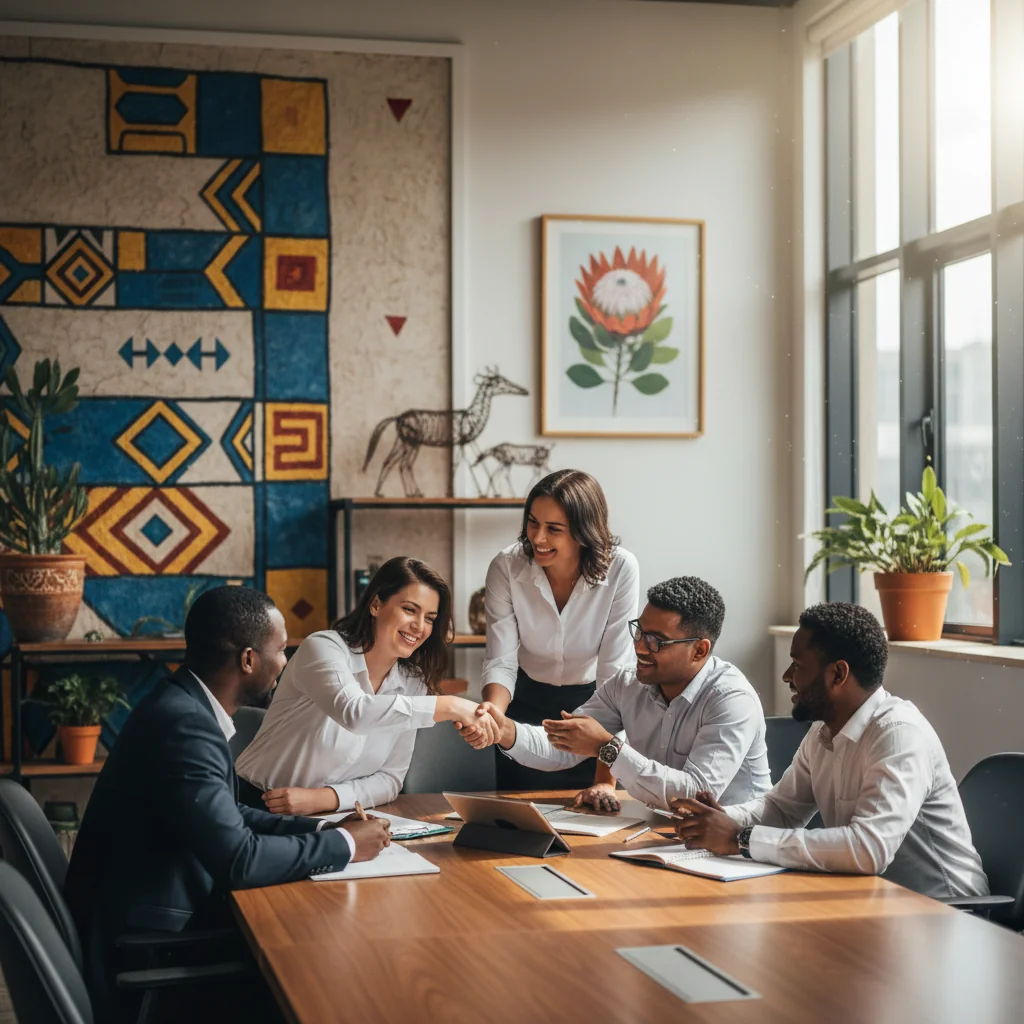 A photorealistic image representing employment equity in South Africa, showing a diverse group of adult professionals from various racial backgrounds collaborating in a modern South African office environment, symbolizing inclusion, fairness, and equal opportunities in the workplace. No children are present.