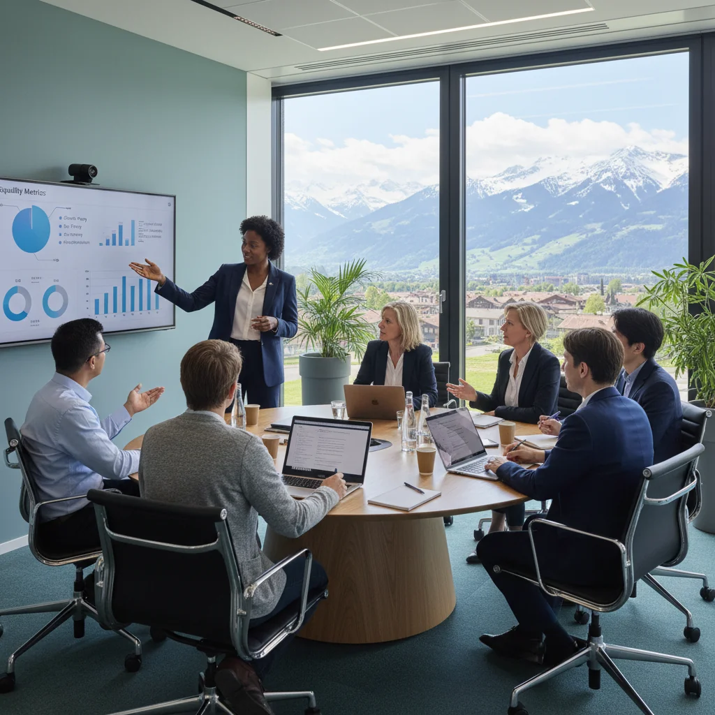 A photorealistic image depicting gender equality strategies in Switzerland, showing a diverse group of professional adults in a modern Swiss office setting, with men and women collaborating equally on a project, surrounded by subtle Swiss elements like mountains in the background view, symbolizing successful implementation and key success factors in equality initiatives.