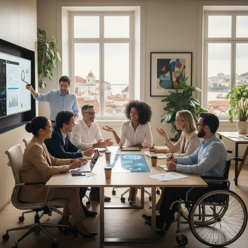 A photorealistic image of a diverse group of professional adults from various ethnic backgrounds, genders, and abilities collaborating in a modern Portuguese office setting, symbolizing diversity, equity, and inclusion in Portuguese companies. The scene shows them engaged in a positive team meeting, smiling and interacting inclusively, with subtle Portuguese elements like azulejo tiles in the background. No children are present.