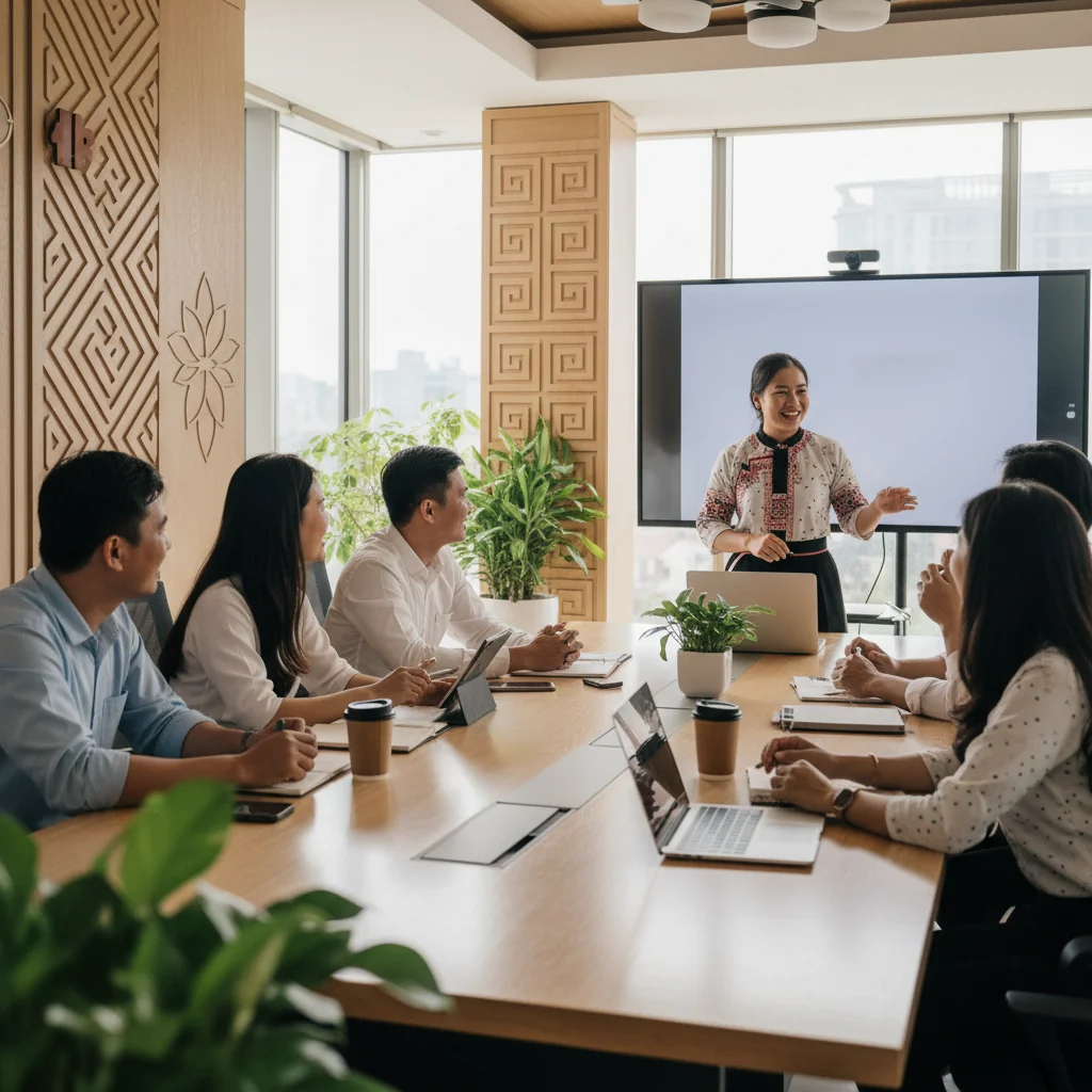 A photorealistic image depicting diversity, equity, and inclusion in a Vietnamese workplace setting, showing a diverse group of adult professionals from various ethnic backgrounds collaborating harmoniously in a modern office environment in Vietnam, symbolizing unity and equality.
