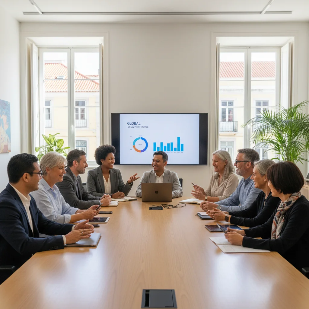 A photorealistic image representing the implementation of an effective DEI policy in Portugal, showing a diverse group of adult professionals from various ethnic backgrounds, genders, and ages collaborating in a modern Portuguese office setting, symbolizing inclusion, equity, and diversity in the workplace.