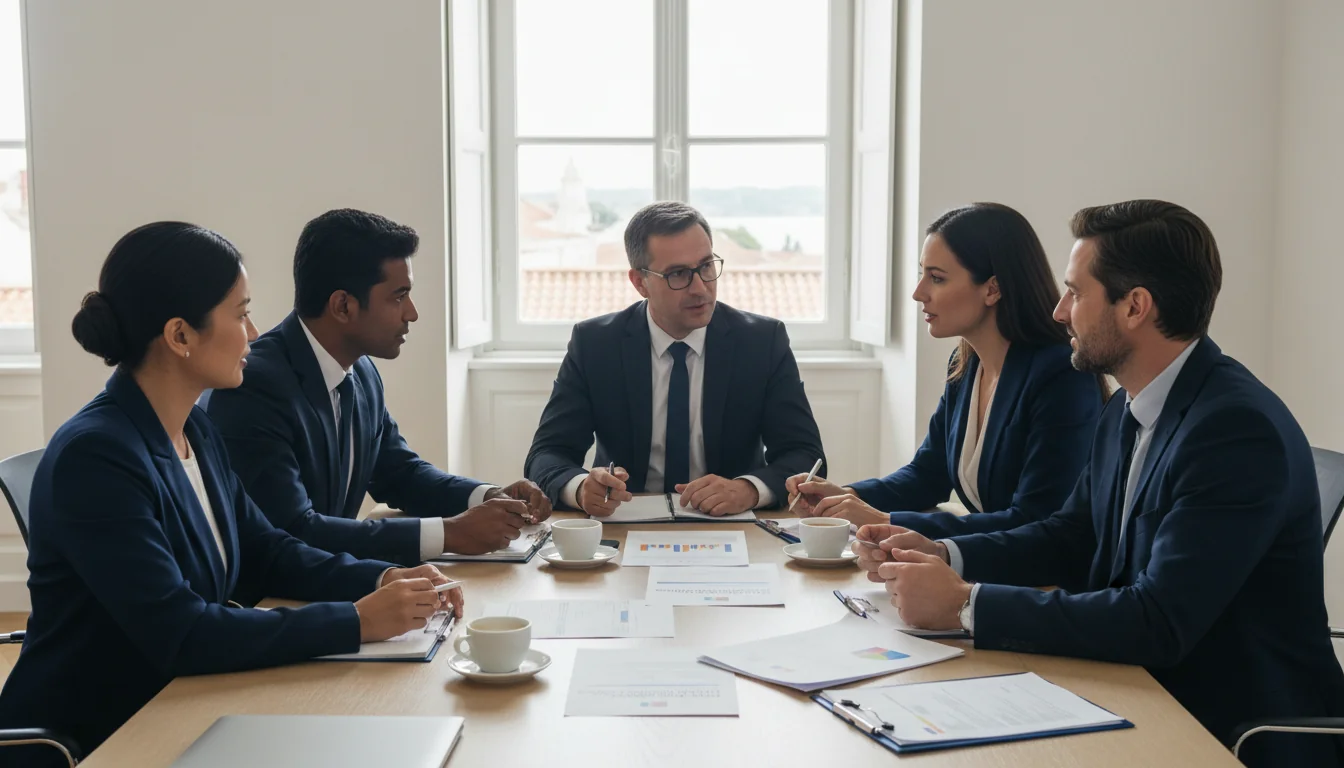 Diverse professionals collaborating in meeting