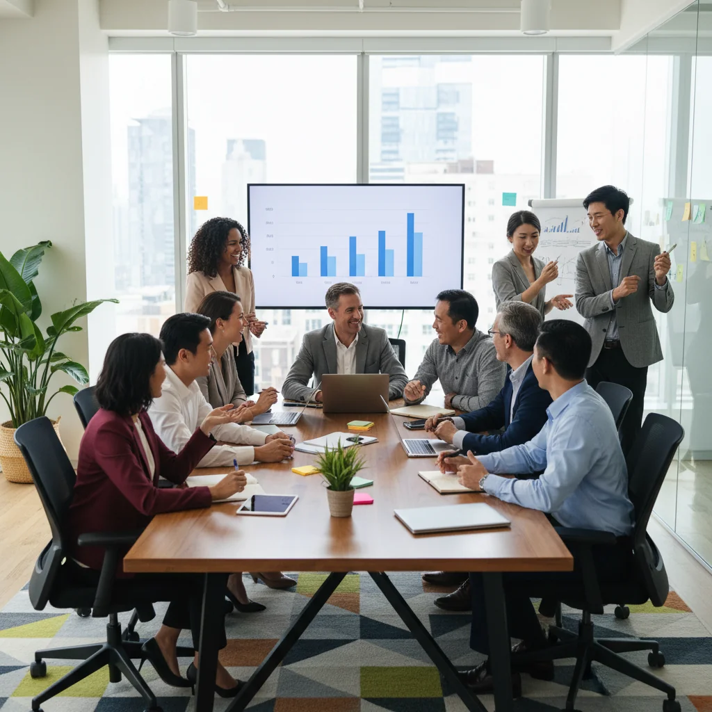 A photorealistic image depicting a diverse group of adult professionals in a modern office setting, engaging in collaborative work, symbolizing inclusion and diversity in corporate policy. No children are present.