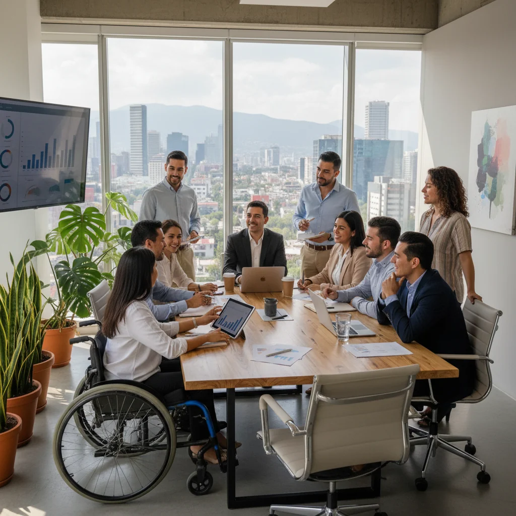 A photorealistic image depicting a diverse group of adult professionals in a modern Mexican corporate office, collaborating happily around a conference table, symbolizing the benefits of DEI policies such as inclusion, equality, and innovation in Mexican businesses.