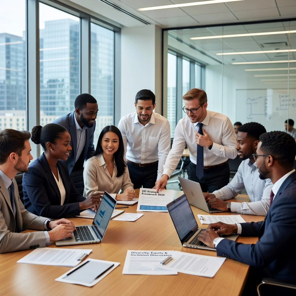 A photorealistic image depicting the evolution and legal framework of DEI policies in the United States, showing a diverse group of professional adults of various ethnicities, genders, and abilities collaborating in a modern conference room, symbolizing inclusion, equality, and professional growth in a corporate setting.