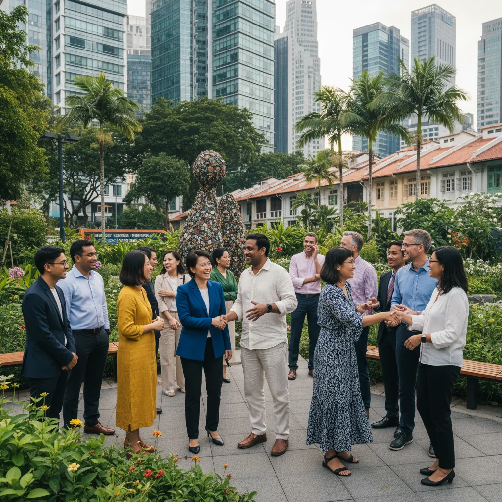 A photorealistic image depicting a diverse group of adults from various ethnic backgrounds in Singapore, such as Chinese, Malay, Indian, and Eurasian individuals, standing together in a modern urban park, smiling and engaging in conversation, symbolizing unity, diversity, equity, and inclusion in a multicultural society.