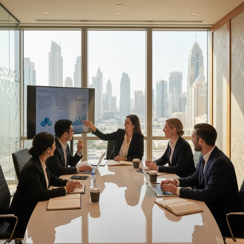 A photorealistic image depicting a diverse group of professional adults from various ethnic backgrounds collaborating in a modern UAE office setting, symbolizing diversity, equity, and inclusion in the private sector. The scene includes people of different genders and ages (all adults over 18) engaging in a team meeting with smiles and positive interactions, with subtle Emirati architectural elements in the background. No children are present.