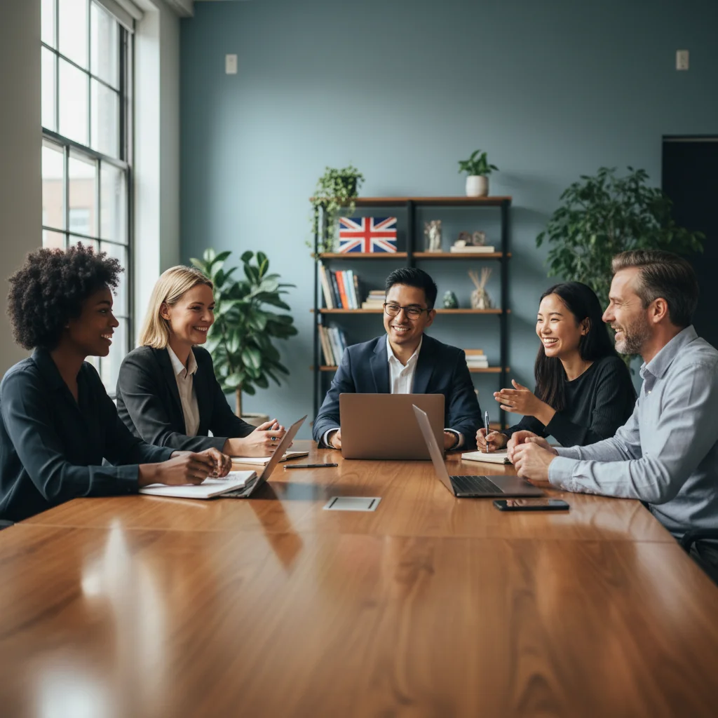 A photorealistic image depicting a diverse group of professional adults from various ethnic backgrounds collaborating in a modern UK office setting, symbolizing inclusion, equity, and diversity in the workplace. The scene shows adults of different races, genders, and ages working together at a meeting table, smiling and engaged in discussion, with elements like the Union Jack flag subtly in the background to tie it to the UK context. No children are present in the image.