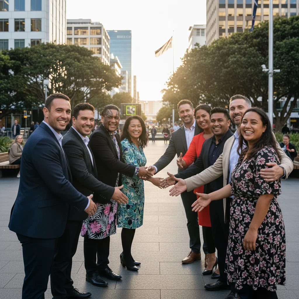 A photorealistic image representing diversity and inclusion in New Zealand, featuring a diverse group of adults from various ethnic backgrounds, including Maori, Pacific Islander, Asian, and European descent, standing together in a welcoming outdoor setting like a park in Auckland, smiling and engaging positively, symbolizing unity and inclusivity.