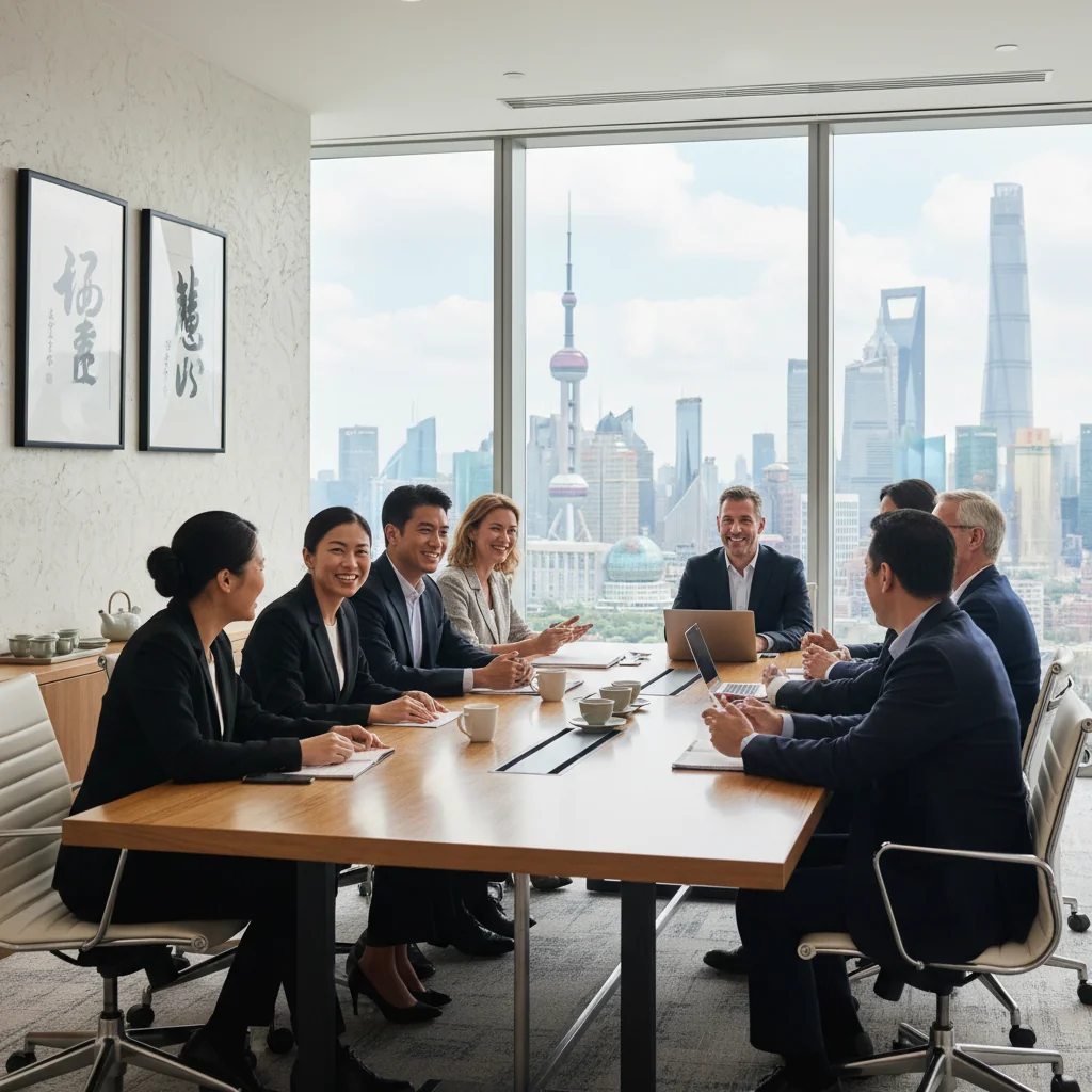A photorealistic image depicting a diverse group of adult professionals in a modern Chinese office setting, symbolizing workplace diversity, equity, and inclusion. The group includes men and women of various ethnic backgrounds, ages, and abilities, collaborating positively around a conference table, with elements of Chinese culture like traditional decor in the background. No children are present. The atmosphere is inclusive and professional, highlighting opportunities and challenges in diversity policies.