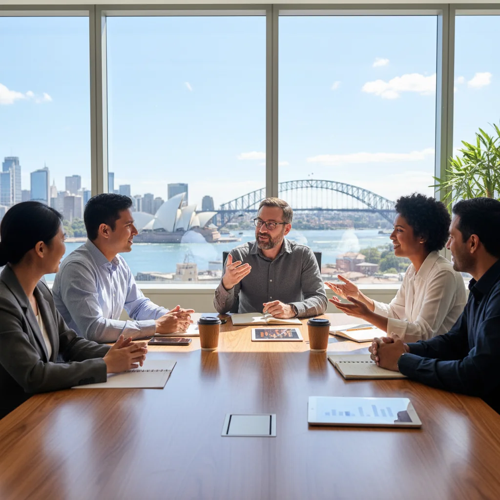 A photorealistic image of a diverse group of adults in a professional Australian workplace, including people of different ethnicities, genders, and ages over 18, collaborating happily around a table in a modern office with Australian elements like a window view of Sydney Harbour, symbolizing inclusion and diversity without any children present.