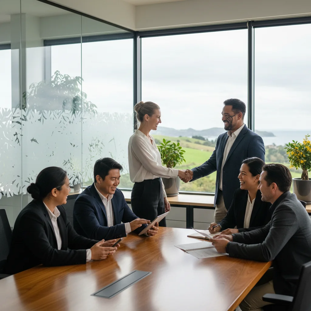 A photorealistic image depicting a diverse group of adult professionals from various ethnic backgrounds collaborating in a modern New Zealand workplace, symbolizing effective diversity and inclusion strategies. The scene shows people of different ages, genders, and cultures working together harmoniously around a conference table with views of New Zealand's natural landscape in the background, emphasizing unity and inclusivity.