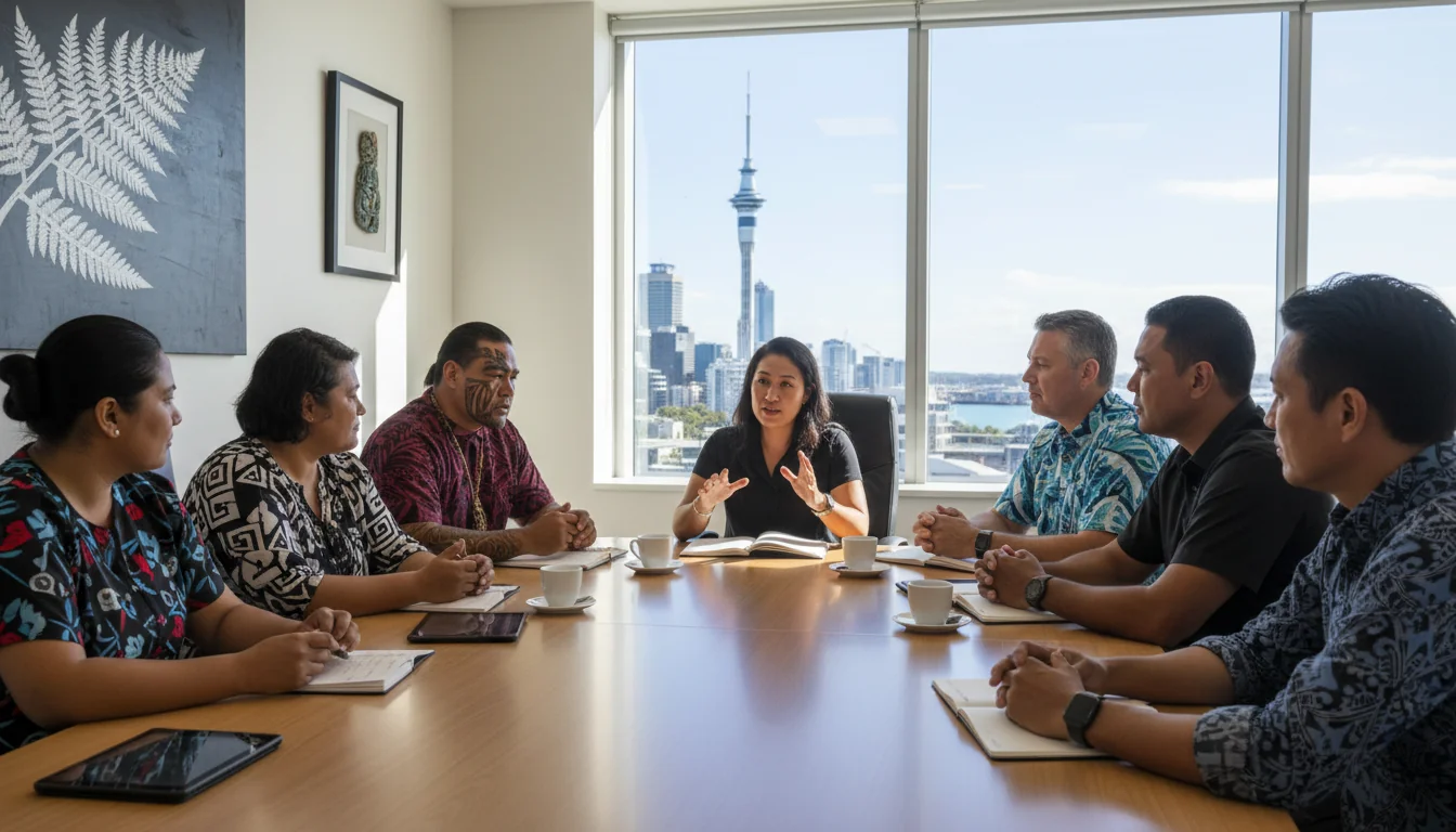 Diverse professionals collaborating in New Zealand office