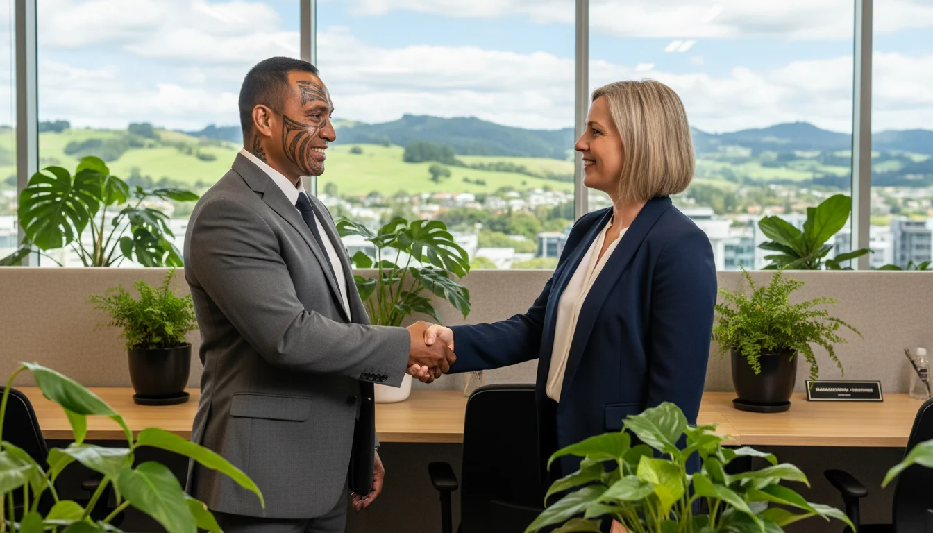 Maori and Pakeha colleagues shaking hands