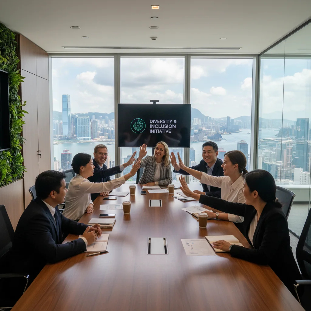 A photorealistic image of a diverse group of professionals in a modern Hong Kong office, smiling and collaborating, symbolizing inclusion and diversity in the workplace.