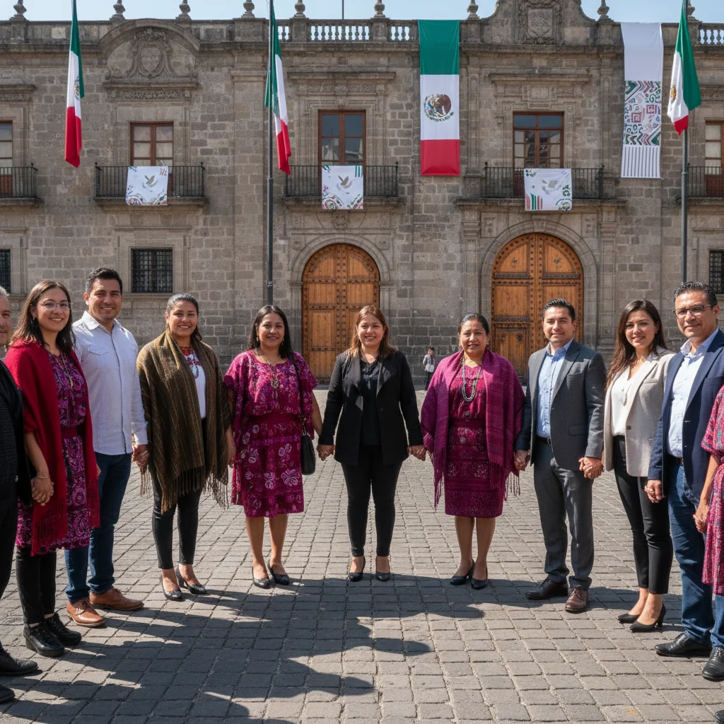 A photorealistic image representing diversity, equity, and inclusion in Mexico, showing a diverse group of adults from various ethnic backgrounds, including Indigenous, mestizo, and other groups, standing together in unity in a vibrant Mexican urban setting with subtle cultural elements like colorful architecture in the background, symbolizing equality and community.