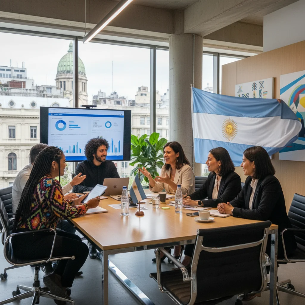 A photorealistic image of a diverse group of adult professionals from various ethnic backgrounds and genders collaborating in a modern Argentine office setting, symbolizing diversity, equity, and inclusion in the workplace.