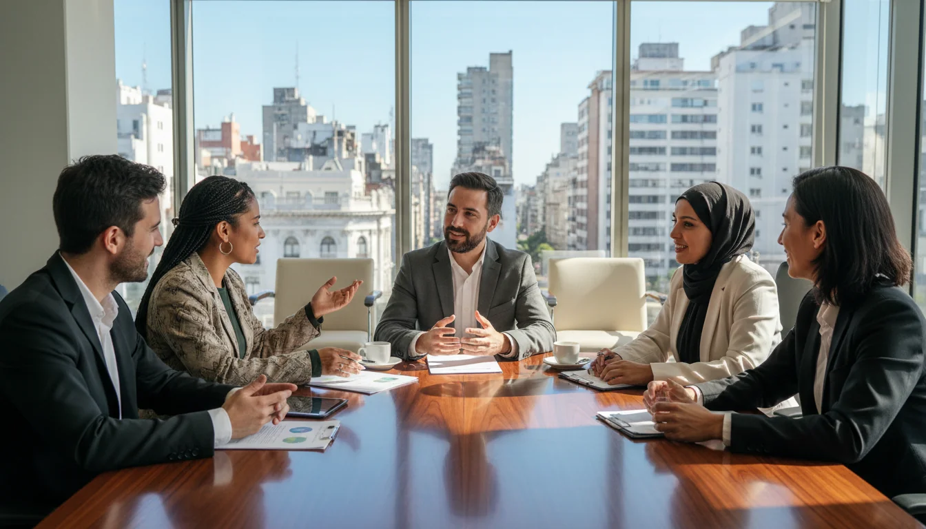 Diverse professionals in Argentine office meeting