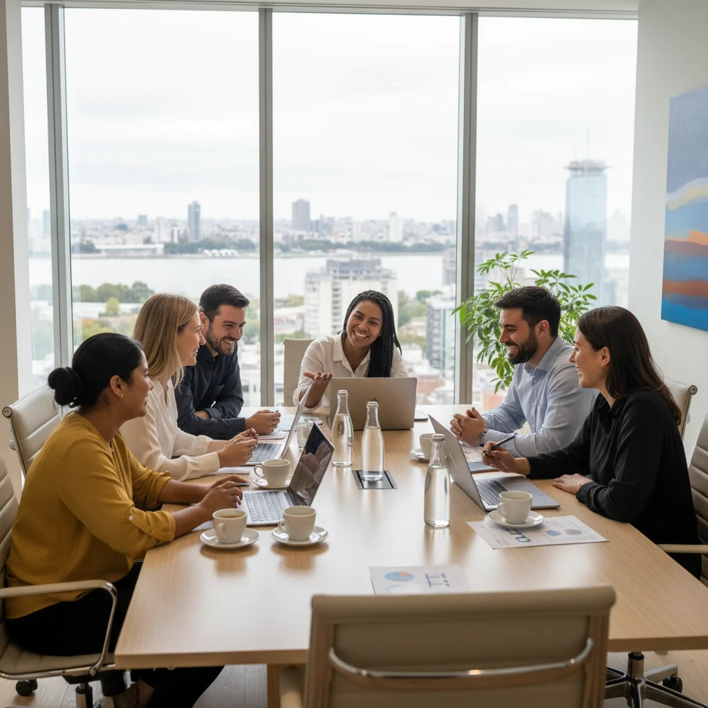 A photorealistic image depicting a diverse group of adult professionals from various ethnic backgrounds collaborating happily in a modern Argentine office environment, symbolizing inclusion and diversity in the workplace.