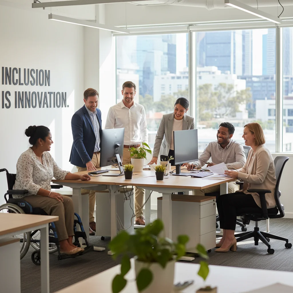 A photorealistic image depicting a diverse group of adults from various ethnic backgrounds and abilities collaborating in a modern Australian office environment, symbolizing inclusion and unity.