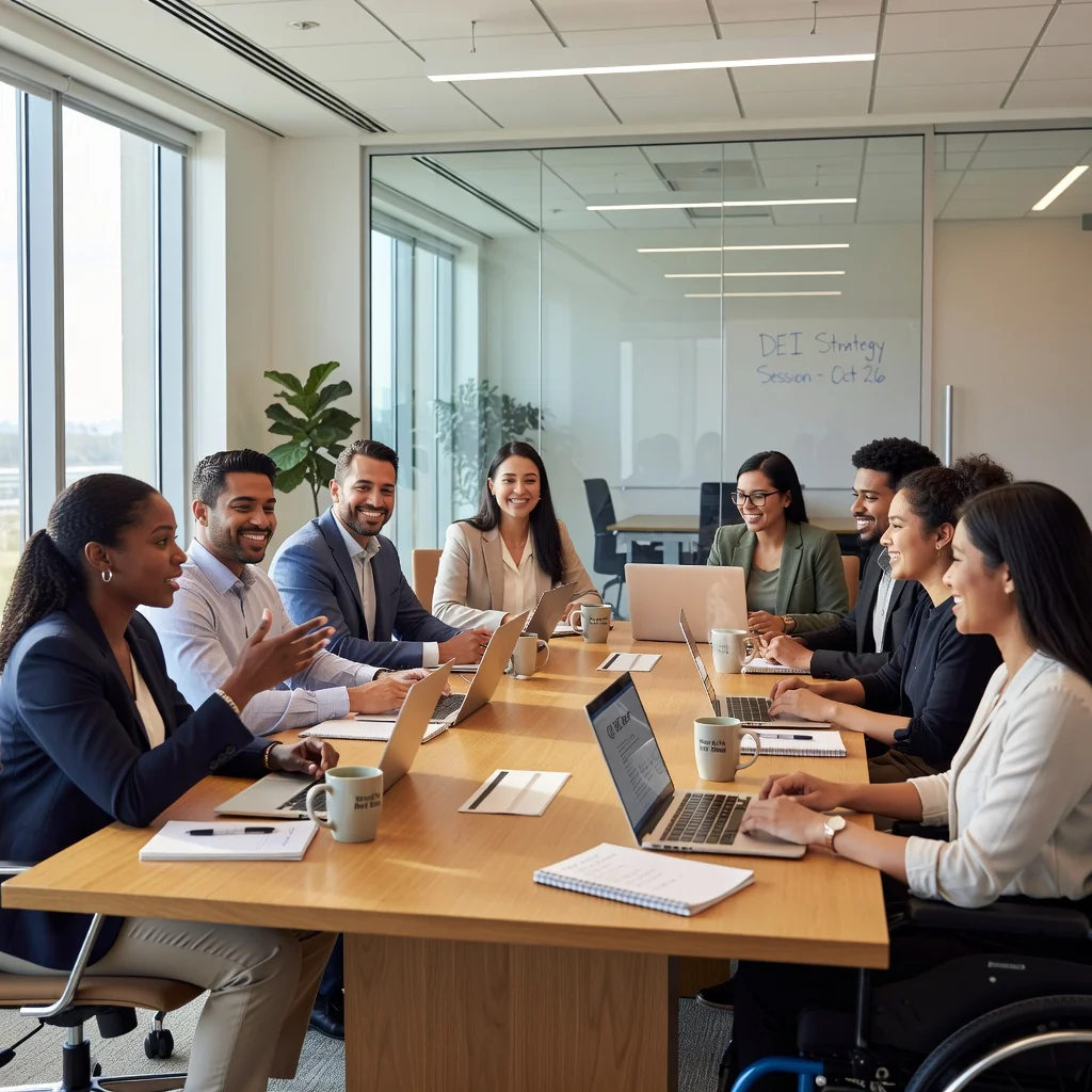 A photorealistic image of a diverse group of adult professionals in a modern American workplace, engaging in a collaborative meeting around a conference table, symbolizing inclusion, equity, and effective DEI policies. The group includes people of various ethnicities, genders, and ages (all adults over 18), smiling and discussing ideas, with natural lighting and office environment details.