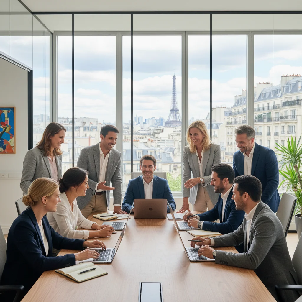 A photorealistic image depicting diversity, equity, and inclusion in a French corporate setting, showing a diverse group of adult professionals from various ethnic backgrounds collaborating in a modern office environment, engaging in a team meeting with positive interactions, no children present.