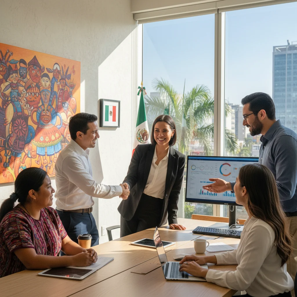A photorealistic image of a diverse group of adult professionals in a modern Mexican workplace, representing inclusion and diversity. The group includes people of different ethnicities, genders, and ages (all adults over 18), smiling and collaborating around a conference table with Mexican cultural elements like colorful decor in the background. No children are present. The focus is on unity, equality, and positive work environment.