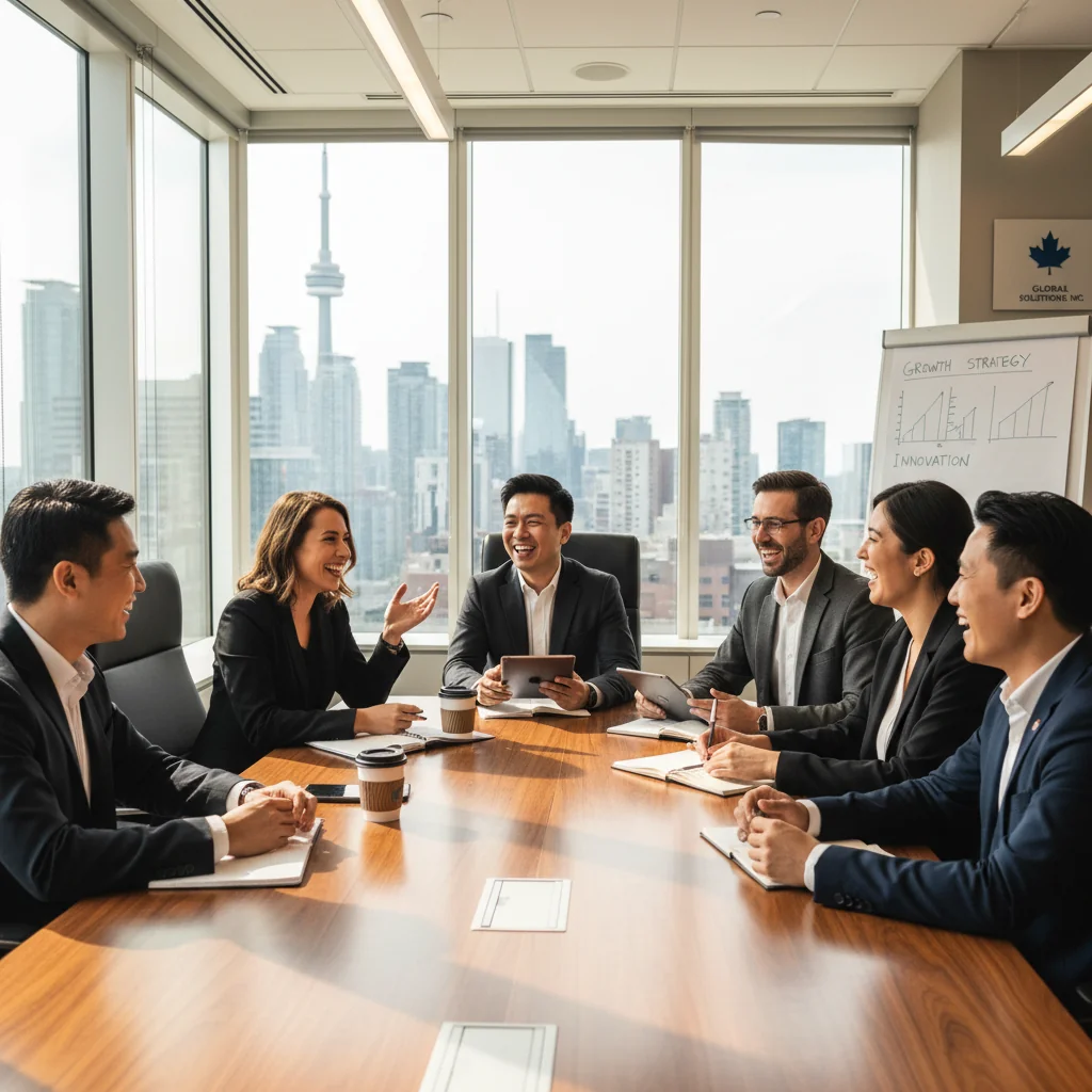 A photorealistic image of a diverse group of professional adults in a modern Canadian workplace, engaging in a collaborative meeting, symbolizing inclusion, equity, and diversity in corporate policies. No children are present.