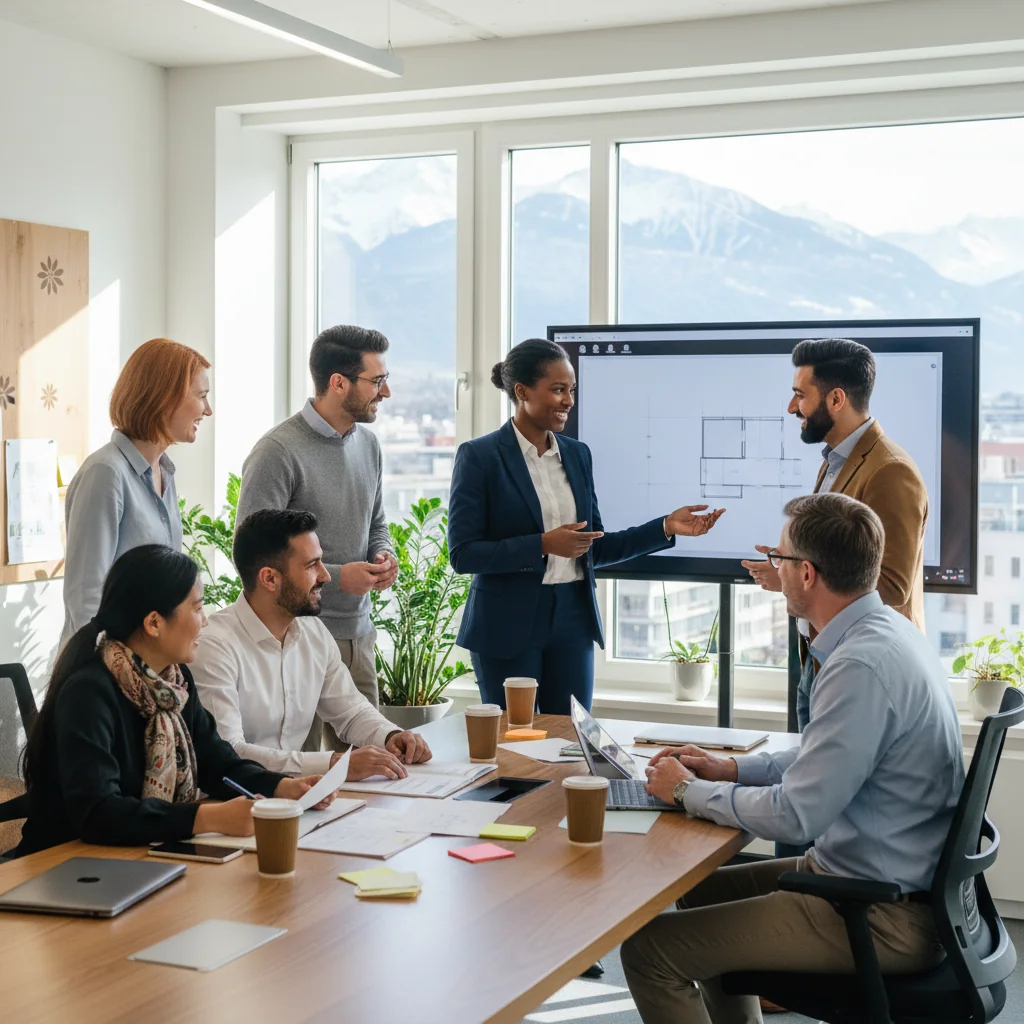 A photorealistic image of a diverse group of adult professionals in an Austrian corporate office, representing inclusion and equality in the workplace. The scene shows people of different genders, ethnicities, and ages (all adults over 18) collaborating around a modern conference table, smiling and engaged in discussion, with subtle Austrian elements like a flag or alpine view in the background.