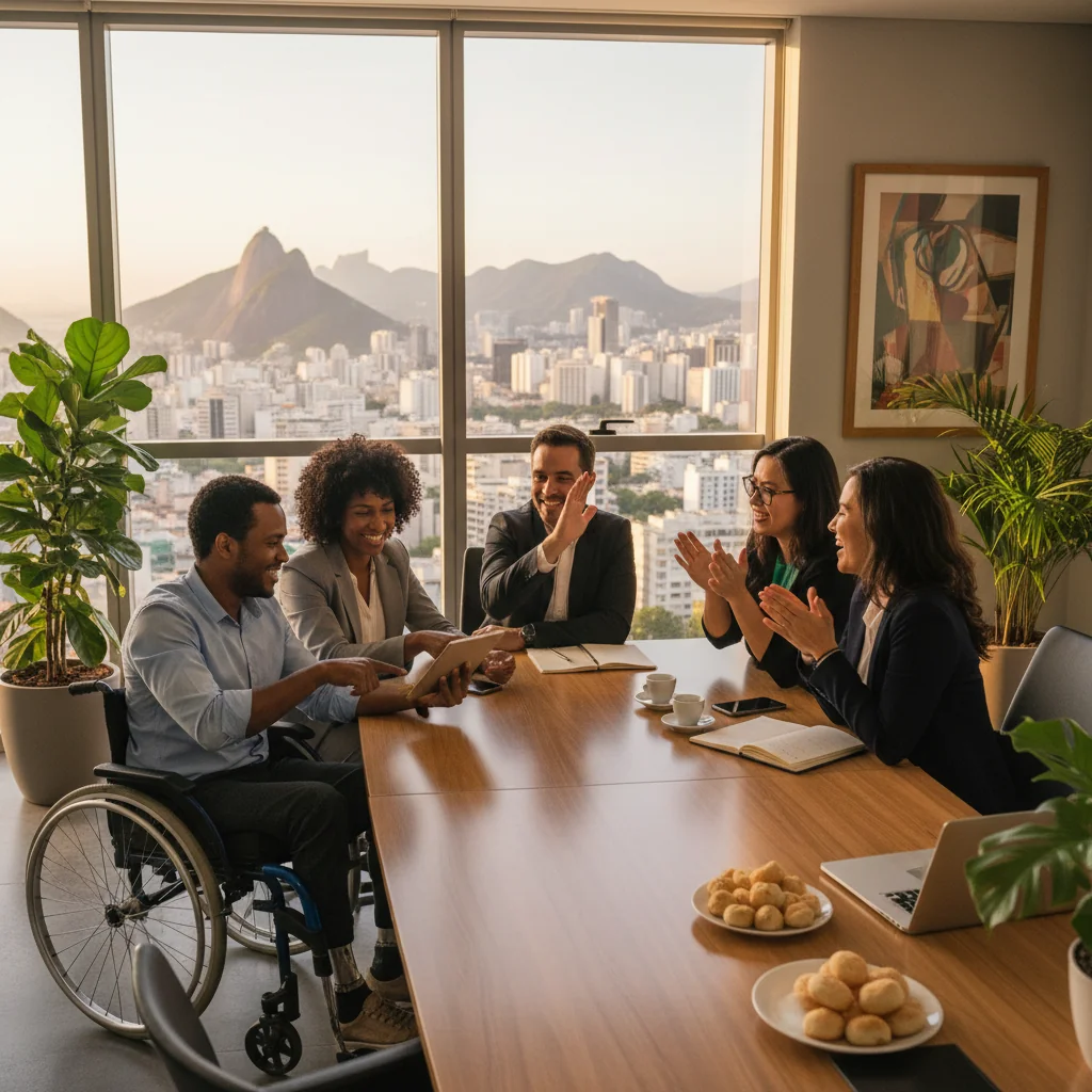 A photorealistic image depicting diverse adults in a Brazilian workplace setting, symbolizing inclusion policies: a group of professionals from various ethnic backgrounds, including people with disabilities, collaborating in a modern office, shaking hands or working together, with Brazilian cultural elements in the background like a flag or urban landscape, conveying challenges overcome and successful integration in the job market.