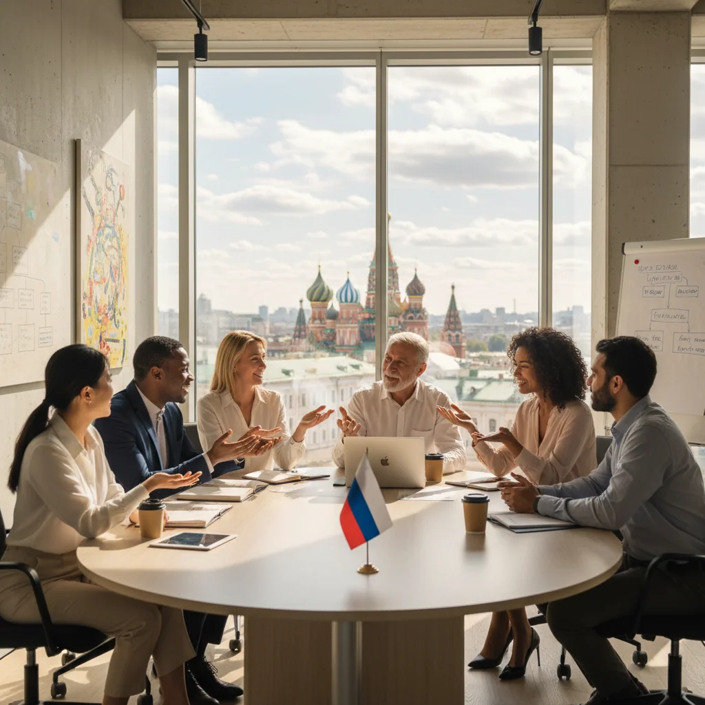 A photorealistic image depicting a diverse group of adults in a professional Russian setting, symbolizing diversity, equality, and inclusion. The group includes people of various ethnic backgrounds, genders, and ages (all adults over 18), engaged in a collaborative meeting around a table with Russian cultural elements like a map of Russia in the background. They are smiling and interacting positively, representing unity and equal participation.