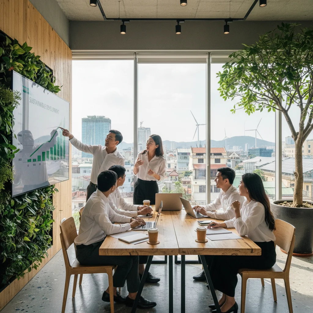 A photorealistic image representing the role of DE&I policies in sustainable business development in Vietnam. It shows a diverse group of adult Vietnamese professionals in a modern office setting, collaborating on a green project, with elements like solar panels and sustainable growth charts in the background, symbolizing inclusivity and environmental sustainability.