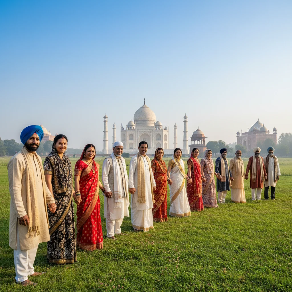 A photorealistic image depicting unity and inclusion in Indian society, showing a diverse group of adults from various ethnic backgrounds in traditional Indian attire, standing together with hands joined in a circle, symbolizing harmony and equality, set against a vibrant Indian landscape with historical monuments in the background.