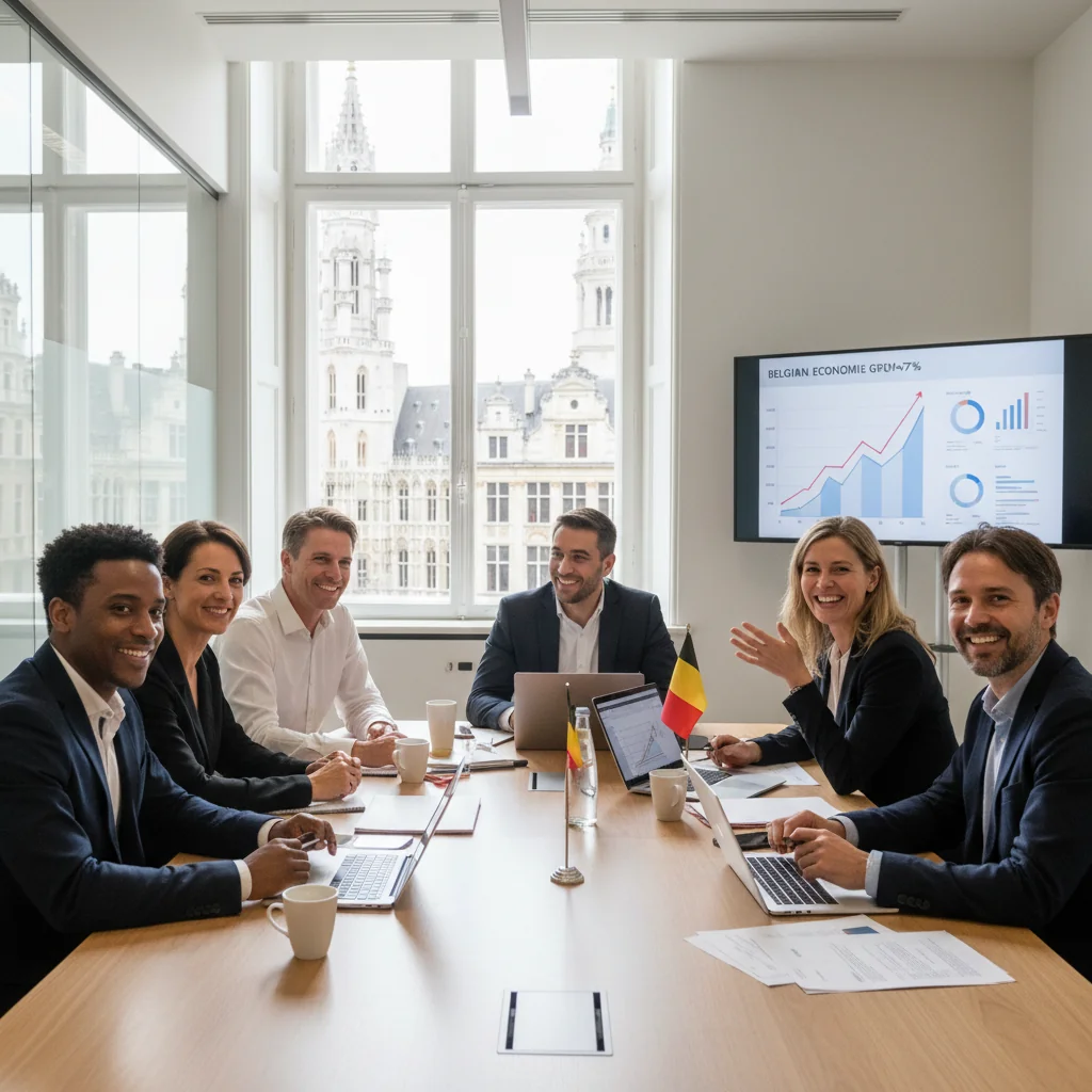 A photorealistic image depicting the benefits of DEI policies in the Belgian economy, showing a diverse group of adult professionals in a modern Belgian workplace, collaborating happily, with subtle Belgian elements like a flag or architecture in the background, symbolizing economic growth and employee satisfaction.