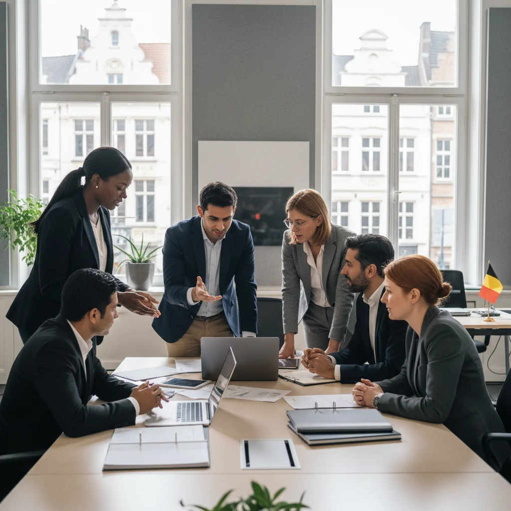A photorealistic image depicting a diverse group of adults from various ethnic backgrounds collaborating in a modern Belgian office setting, symbolizing diversity, equity, and inclusion, with Belgian flag elements in the background, no children present.