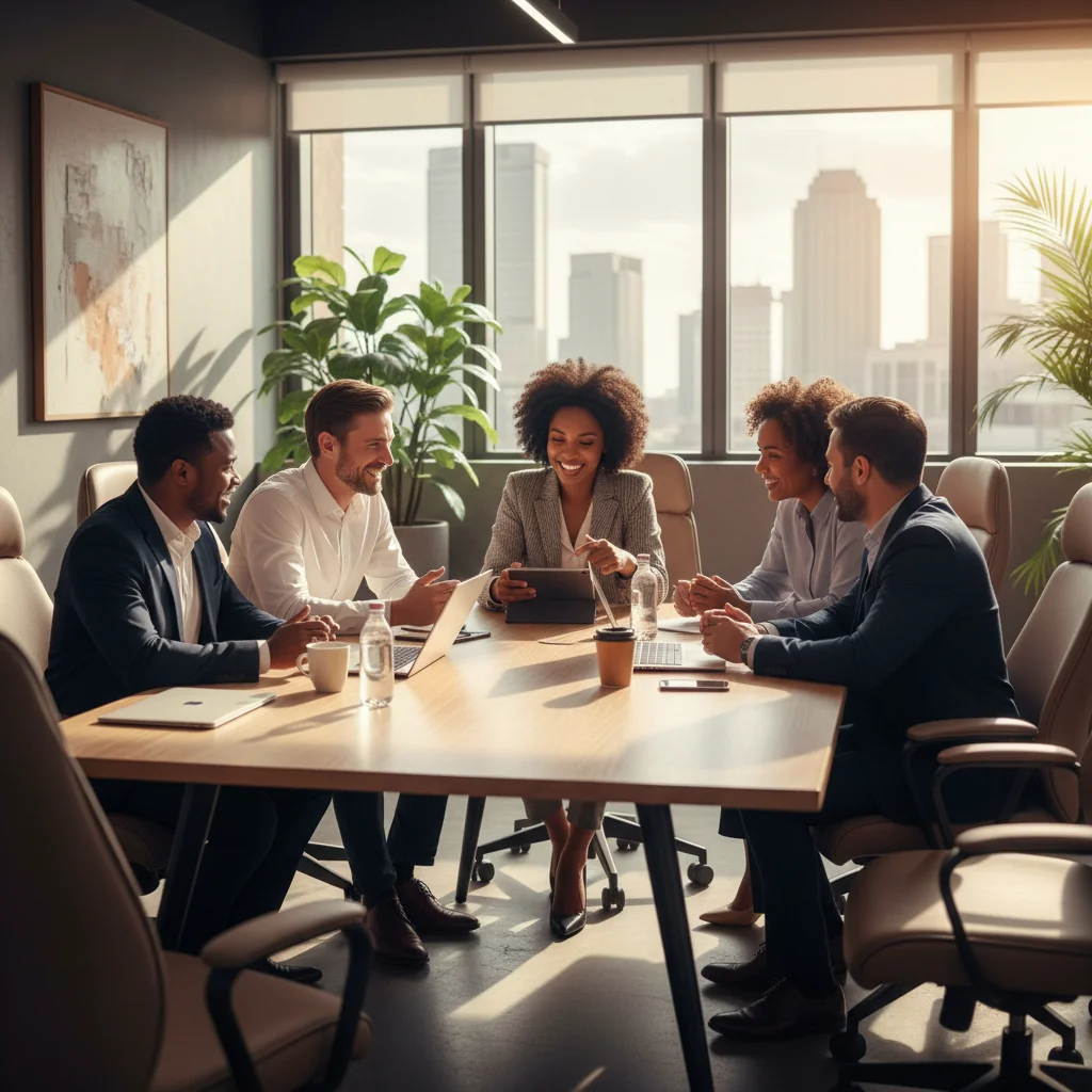 A photorealistic image depicting a diverse group of adult professionals in a South African business setting, symbolizing employment equity. The scene shows people of various races, genders, and ages collaborating happily in a modern office, with South African cultural elements in the background, emphasizing inclusivity and fairness in employment.