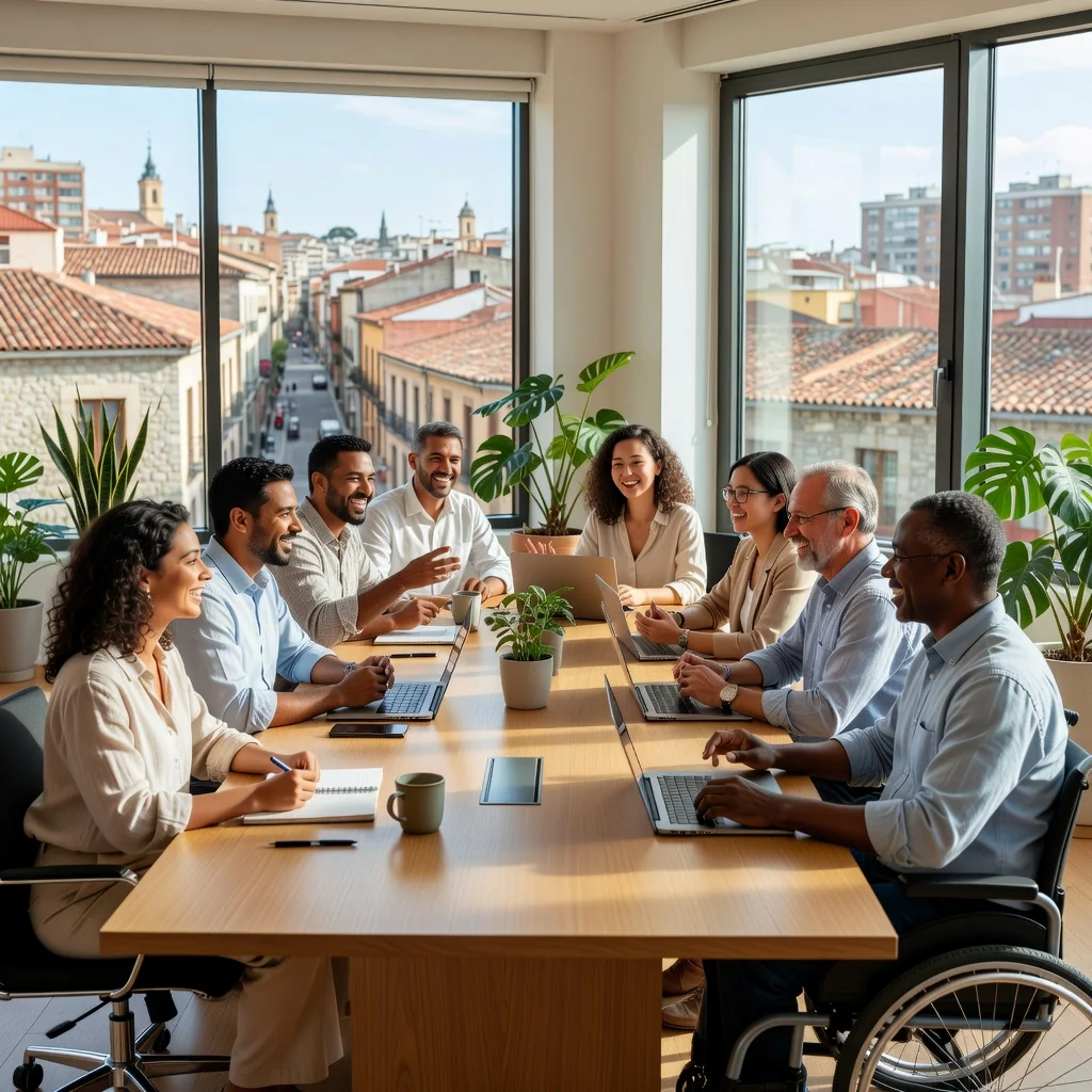 A photorealistic image depicting a diverse group of adult professionals in a modern Spanish office setting, symbolizing diversity, equity, and inclusion. The group includes men and women of various ethnic backgrounds, ages (all adults over 18), and abilities, collaborating happily around a table with laptops and coffee, overlooking a window with views of a Spanish cityscape like Madrid or Barcelona. No children are present. The atmosphere is inclusive, positive, and professional, emphasizing unity and equality in a corporate environment.