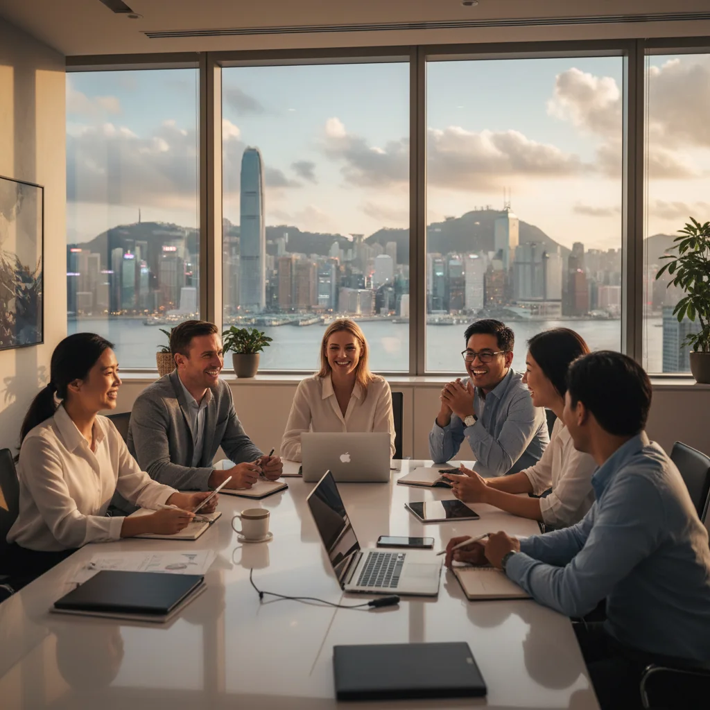A photorealistic image representing diversity, equity, and inclusion in Hong Kong, showing a diverse group of adults from various ethnic backgrounds collaborating in a modern urban office setting with Hong Kong skyline in the background, symbolizing inclusive policies.