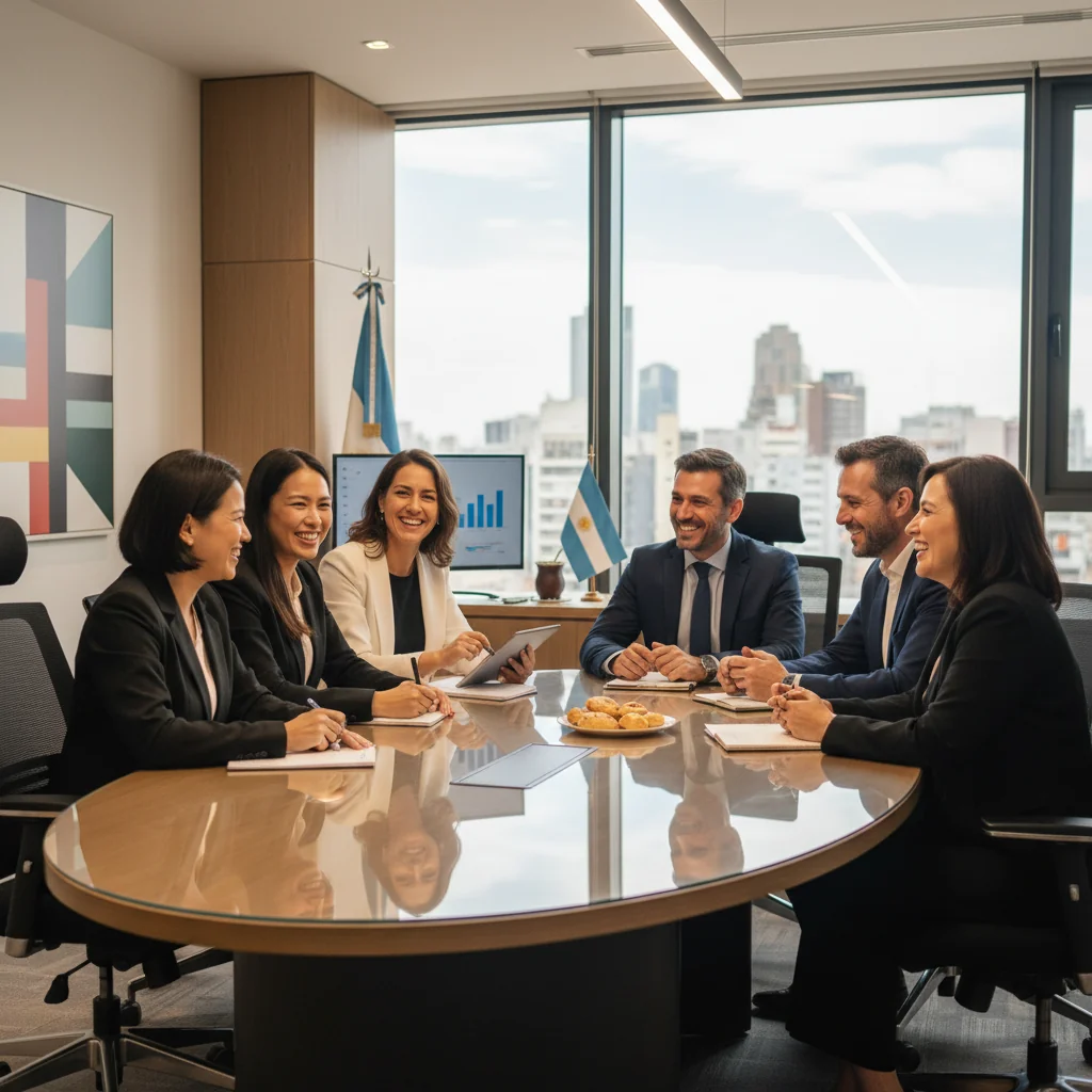 A photorealistic image depicting a diverse group of adult professionals in an Argentine workplace, collaborating inclusively, with elements like the Argentine flag in the background to represent equity and inclusion policies in organizations.