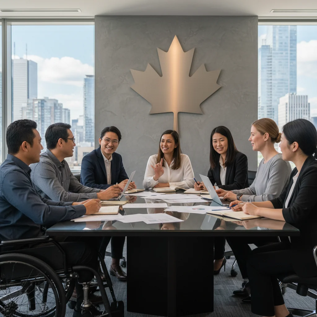 A photorealistic image depicting a diverse group of adults from various ethnic backgrounds, genders, and abilities collaborating in a modern Canadian workplace setting, symbolizing diversity, equity, and inclusion. They are engaged in a positive team meeting with smiles and inclusive gestures, under a subtle Canadian flag in the background. No children are present.
