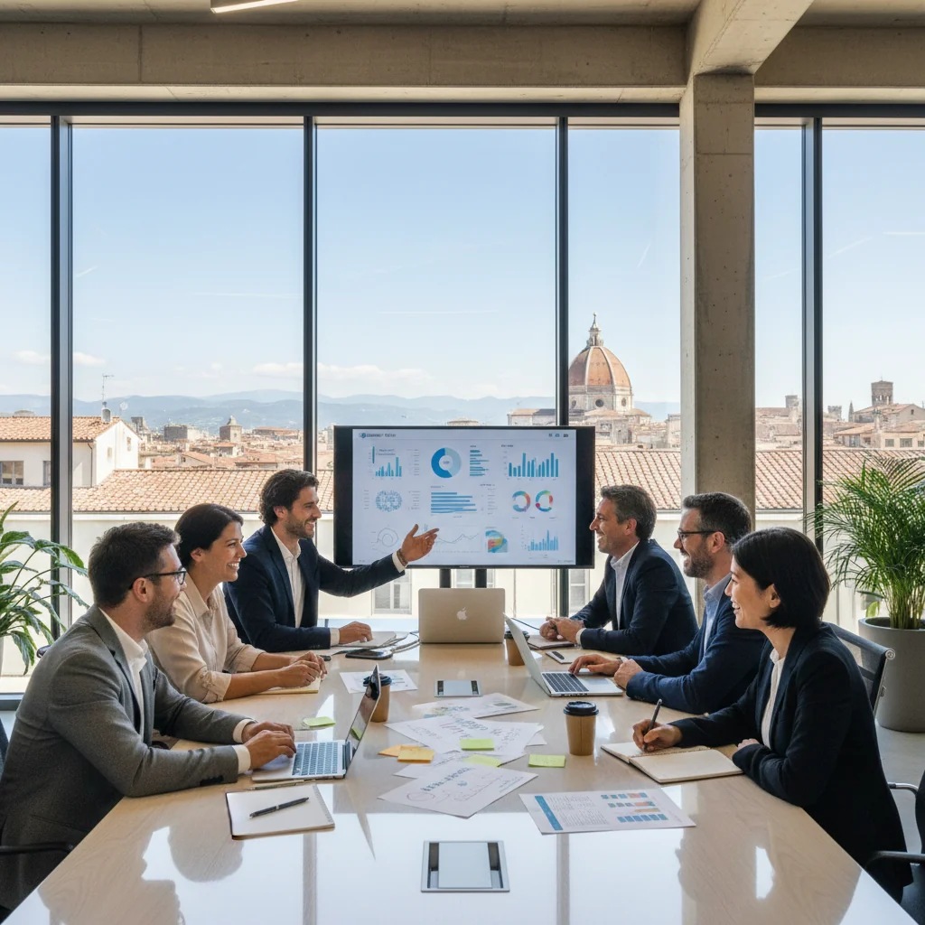 A photorealistic image depicting a diverse group of adult professionals from various ethnic backgrounds collaborating happily in a modern Italian office setting, symbolizing diversity and inclusion for business success.